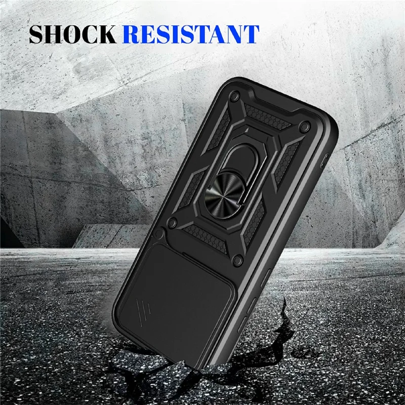 For ZTE Blade V80 Pro 4G Case with Slide Camera Lid PC + TPU Kickstand Phone Cover - Black
