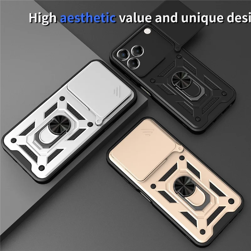 For ZTE Blade V80 Pro 4G Case with Slide Camera Lid PC + TPU Kickstand Phone Cover - Black