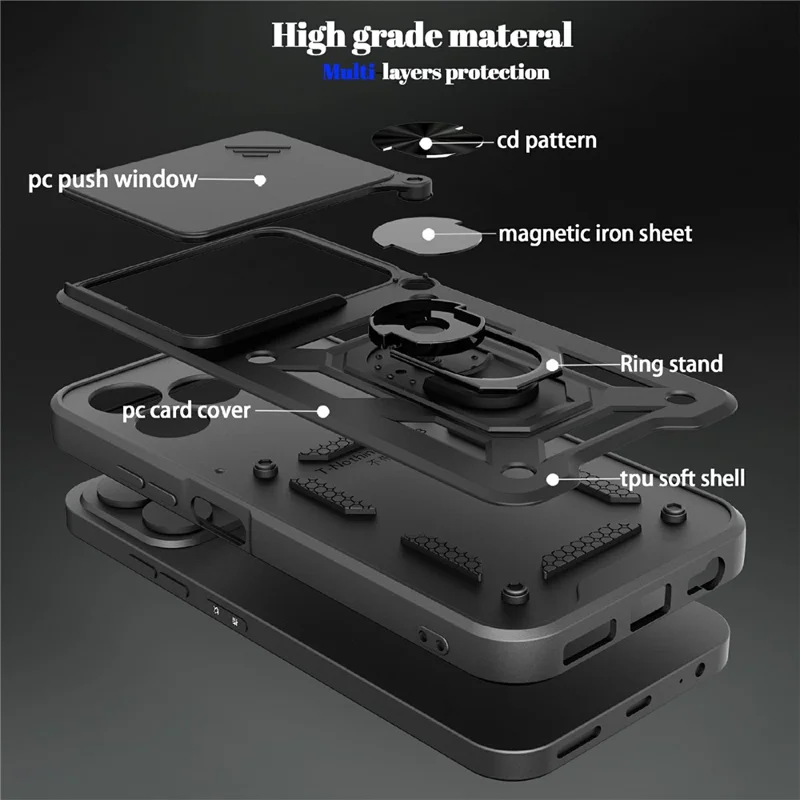 For ZTE Blade V80 Pro 4G Case with Slide Camera Lid PC + TPU Kickstand Phone Cover - Black