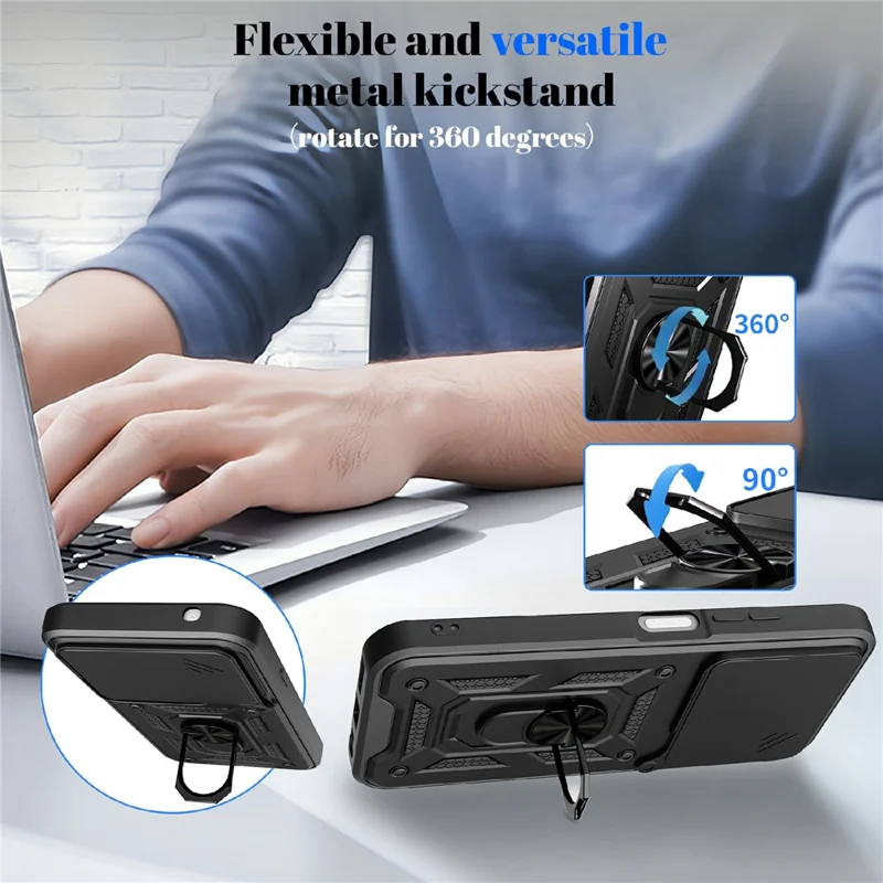 For ZTE Blade V80 Pro 4G Case with Slide Camera Lid PC + TPU Kickstand Phone Cover - Black