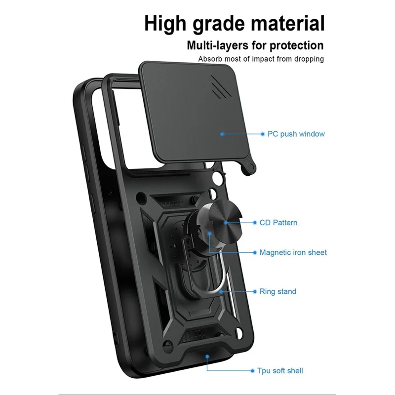 Capa para Motorola Edge 70 Pro 5G com Tampa de Câmara Deslizante, Capa com Suporte PC + TPU - Preto