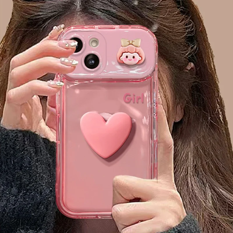 Til iPhone 16 Skærm med Flip-spejl 3D Hjerte Butterfly Bue Tegneserie TPU + PC Beskyttelsesdækk - Pink