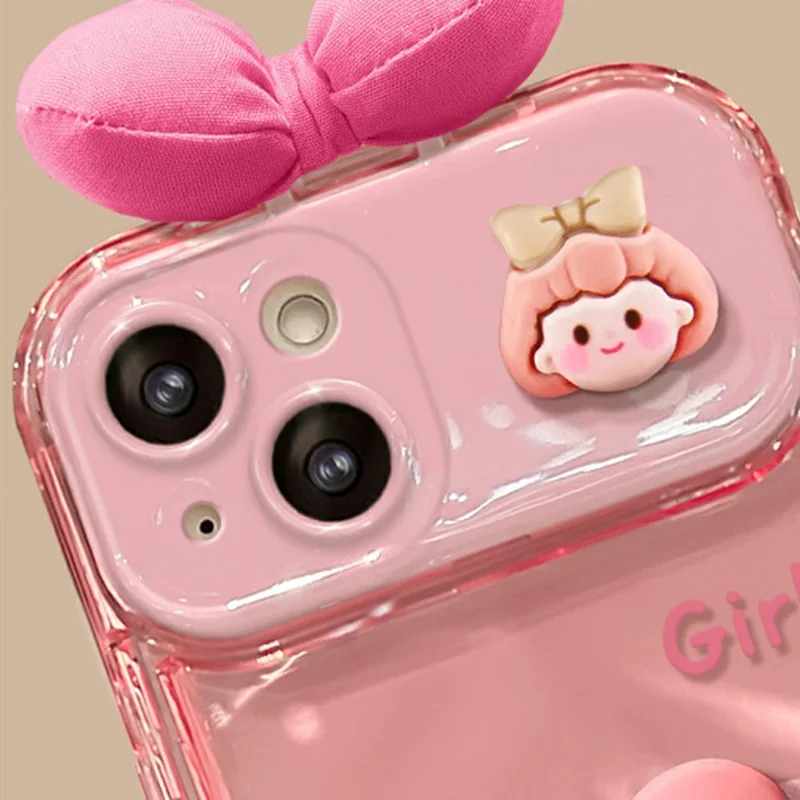 Til iPhone 16 Skærm med Flip-spejl 3D Hjerte Butterfly Bue Tegneserie TPU + PC Beskyttelsesdækk - Pink