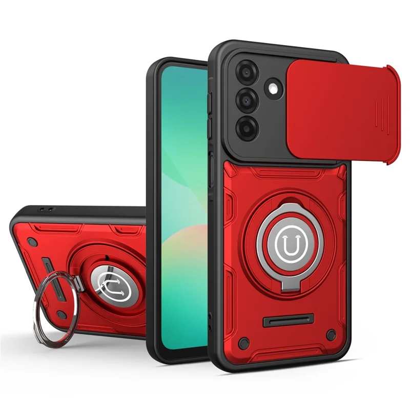 For Samsung Galaxy S25 Case with Slide Camera Cover Ring Kickstand PC + TPU Phone Shell - Red