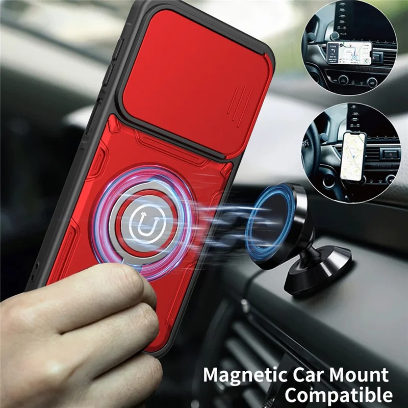 For Samsung Galaxy S25 Case with Slide Camera Cover Ring Kickstand PC + TPU Phone Shell - Red