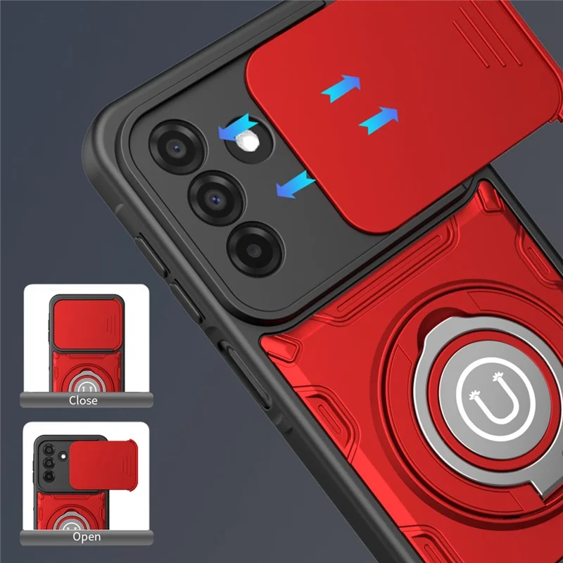 For Samsung Galaxy S25 Case with Slide Camera Cover Ring Kickstand PC + TPU Phone Shell - Red