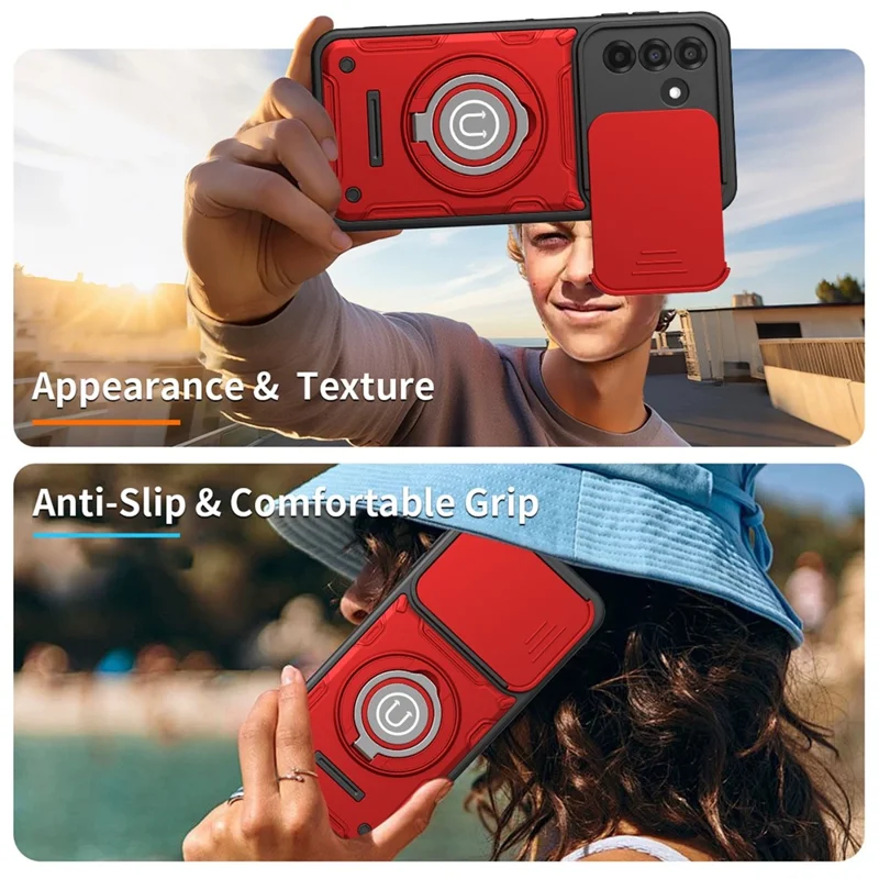 For Samsung Galaxy S25 Case with Slide Camera Cover Ring Kickstand PC + TPU Phone Shell - Red