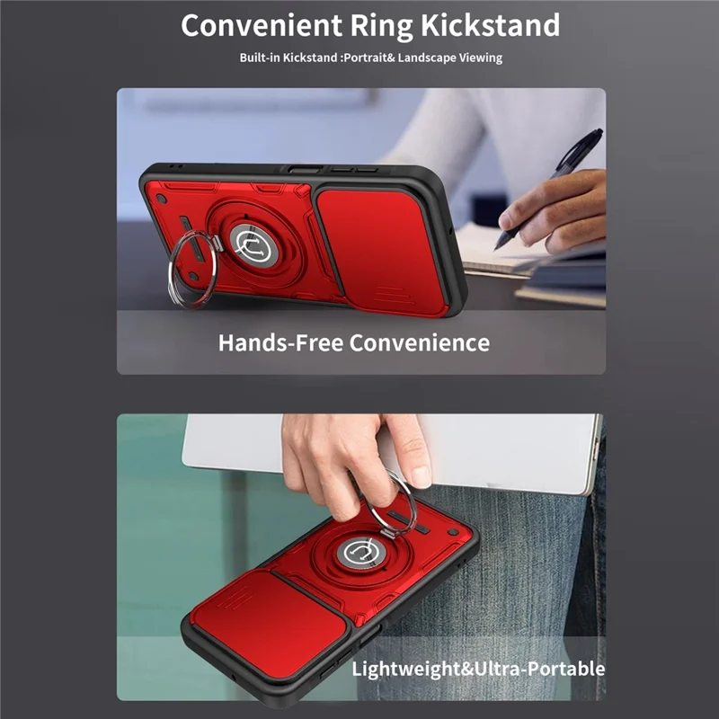 For Samsung Galaxy S25 Case with Slide Camera Cover Ring Kickstand PC + TPU Phone Shell - Red