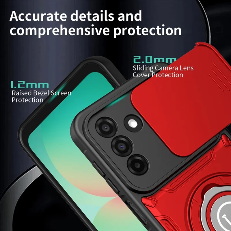 For Samsung Galaxy S25 FE Case with Slide Camera Cover Ring Kickstand PC + TPU Phone Shell - Red