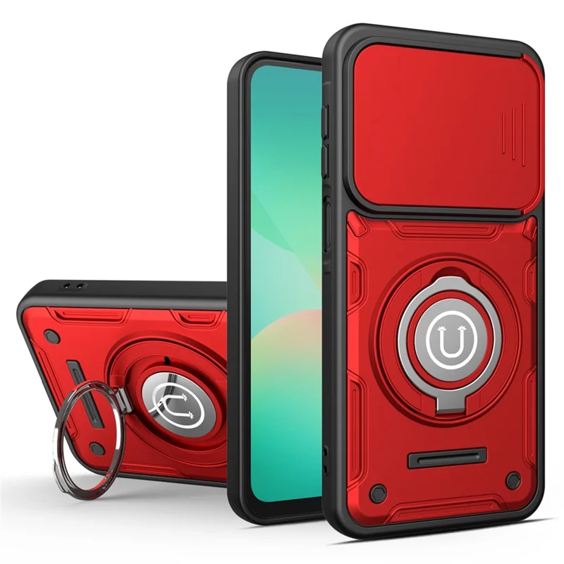 For Samsung Galaxy S25 FE Case with Slide Camera Cover Ring Kickstand PC + TPU Phone Shell - Red