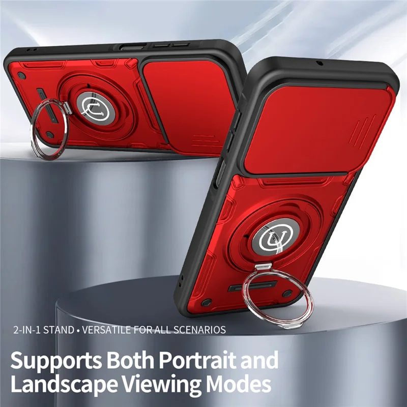 For Samsung Galaxy S25 FE Case with Slide Camera Cover Ring Kickstand PC + TPU Phone Shell - Red