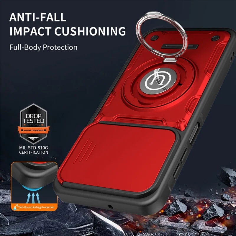 For Samsung Galaxy S25 FE Case with Slide Camera Cover Ring Kickstand PC + TPU Phone Shell - Red