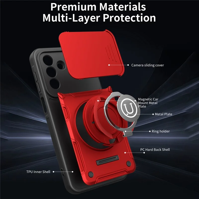 For Samsung Galaxy S25 FE Case with Slide Camera Cover Ring Kickstand PC + TPU Phone Shell - Red