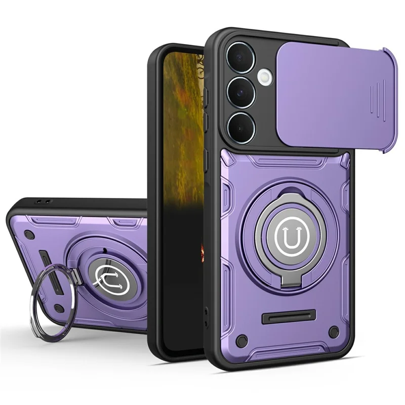 Étui pour Samsung Galaxy A57 5G avec couvercle coulissant pour appareil photo, anneau support, coque de téléphone en PC + TPU - Violet