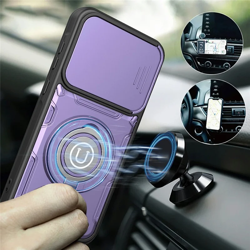 Étui pour Samsung Galaxy A57 5G avec couvercle coulissant pour appareil photo, anneau support, coque de téléphone en PC + TPU - Violet