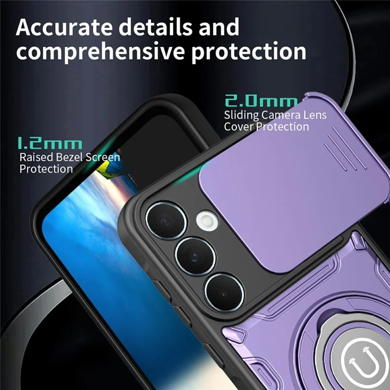 Étui pour Samsung Galaxy A57 5G avec couvercle coulissant pour appareil photo, anneau support, coque de téléphone en PC + TPU - Violet