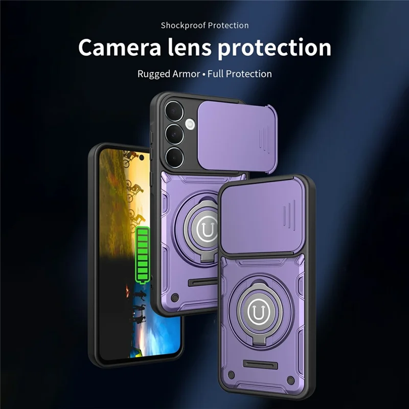 Étui pour Samsung Galaxy A57 5G avec couvercle coulissant pour appareil photo, anneau support, coque de téléphone en PC + TPU - Violet