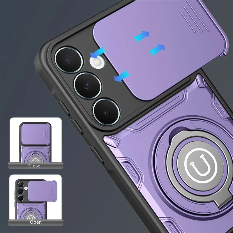 Étui pour Samsung Galaxy A57 5G avec couvercle coulissant pour appareil photo, anneau support, coque de téléphone en PC + TPU - Violet