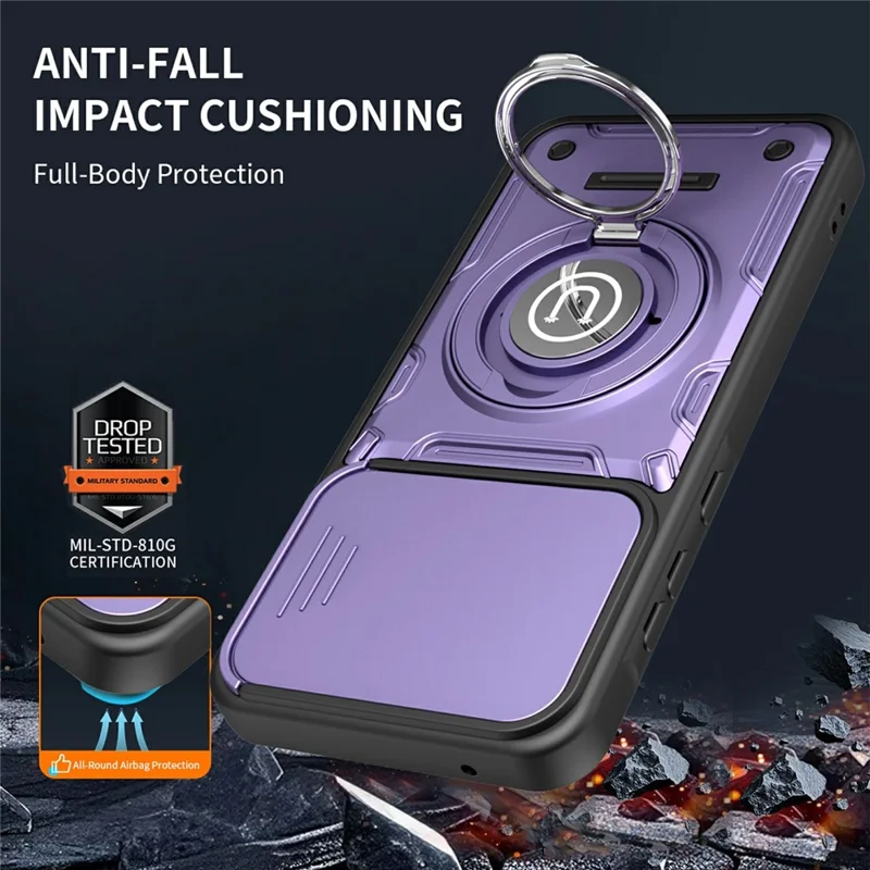 Étui pour Samsung Galaxy A57 5G avec couvercle coulissant pour appareil photo, anneau support, coque de téléphone en PC + TPU - Violet