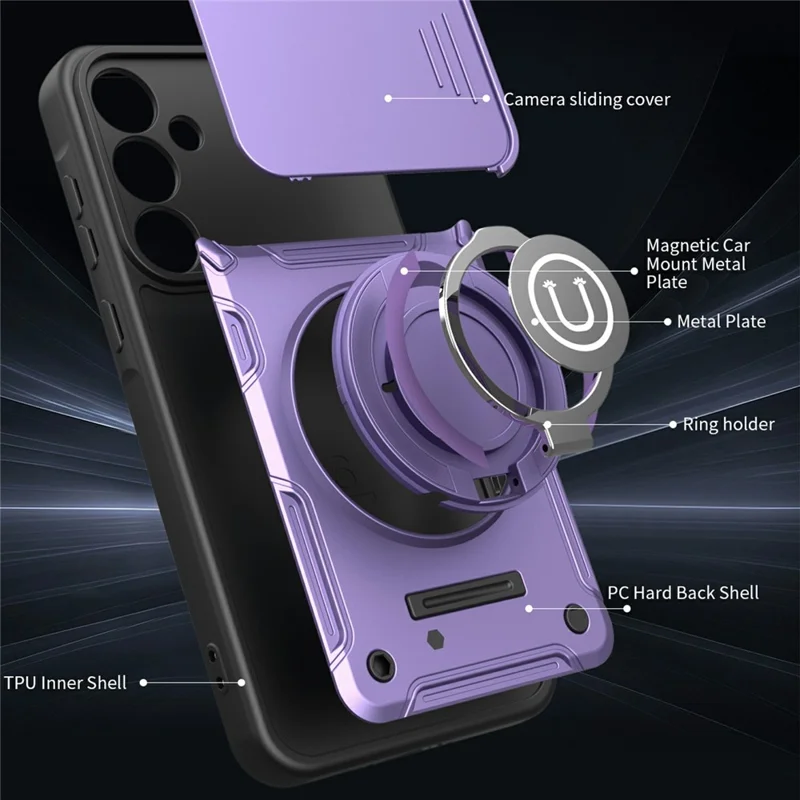 Étui pour Samsung Galaxy A57 5G avec couvercle coulissant pour appareil photo, anneau support, coque de téléphone en PC + TPU - Violet