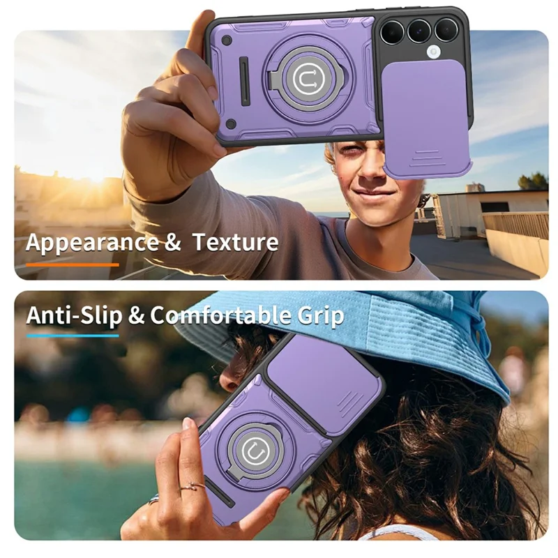 Étui pour Samsung Galaxy A57 5G avec couvercle coulissant pour appareil photo, anneau support, coque de téléphone en PC + TPU - Violet