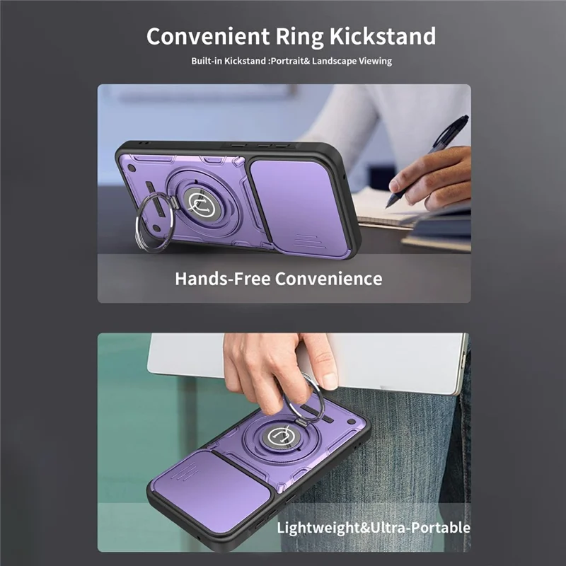 Étui pour Samsung Galaxy A57 5G avec couvercle coulissant pour appareil photo, anneau support, coque de téléphone en PC + TPU - Violet