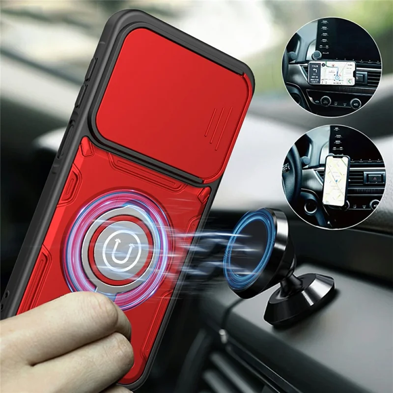 Capa de Telemóvel com Cobertura Deslizante da Câmara para Samsung Galaxy A17 4G / A17 5G / A26 5G, Suporte com Anel Giratório, Capa PC + TPU - Vermelho