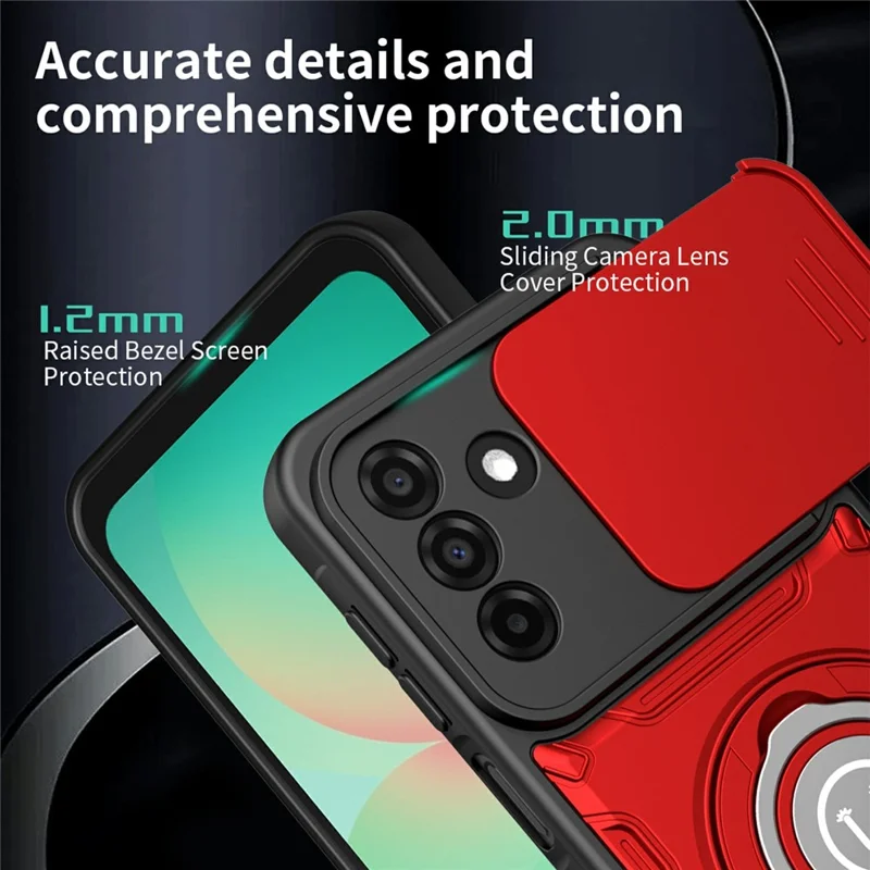 Capa de Telemóvel com Cobertura Deslizante da Câmara para Samsung Galaxy A17 4G / A17 5G / A26 5G, Suporte com Anel Giratório, Capa PC + TPU - Vermelho