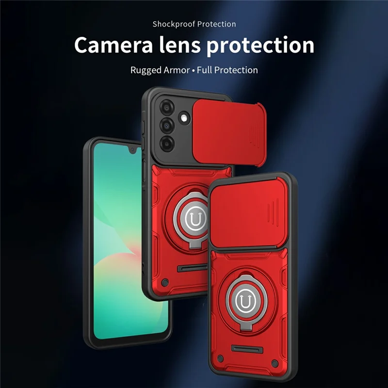 Capa de Telemóvel com Cobertura Deslizante da Câmara para Samsung Galaxy A17 4G / A17 5G / A26 5G, Suporte com Anel Giratório, Capa PC + TPU - Vermelho