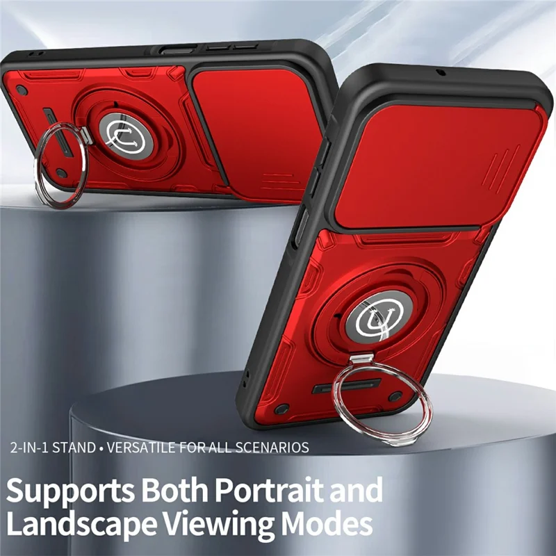 Capa de Telemóvel com Cobertura Deslizante da Câmara para Samsung Galaxy A17 4G / A17 5G / A26 5G, Suporte com Anel Giratório, Capa PC + TPU - Vermelho