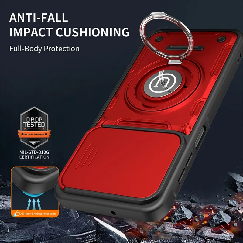 Capa de Telemóvel com Cobertura Deslizante da Câmara para Samsung Galaxy A17 4G / A17 5G / A26 5G, Suporte com Anel Giratório, Capa PC + TPU - Vermelho