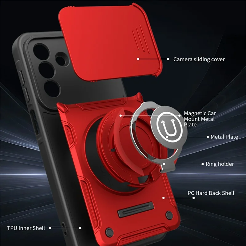 Capa de Telemóvel com Cobertura Deslizante da Câmara para Samsung Galaxy A17 4G / A17 5G / A26 5G, Suporte com Anel Giratório, Capa PC + TPU - Vermelho