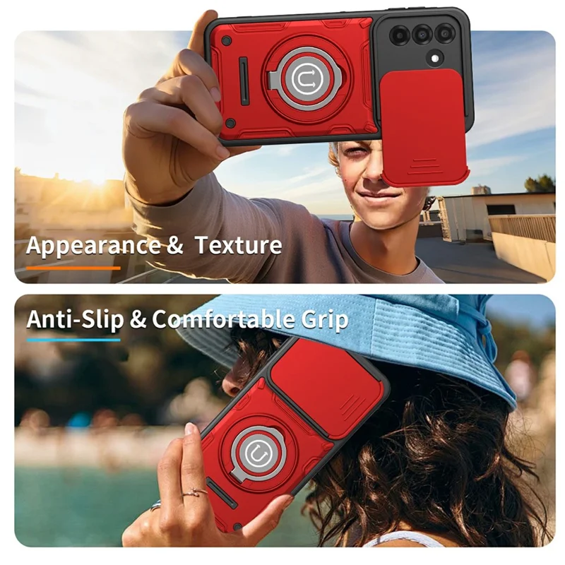 Capa de Telemóvel com Cobertura Deslizante da Câmara para Samsung Galaxy A17 4G / A17 5G / A26 5G, Suporte com Anel Giratório, Capa PC + TPU - Vermelho