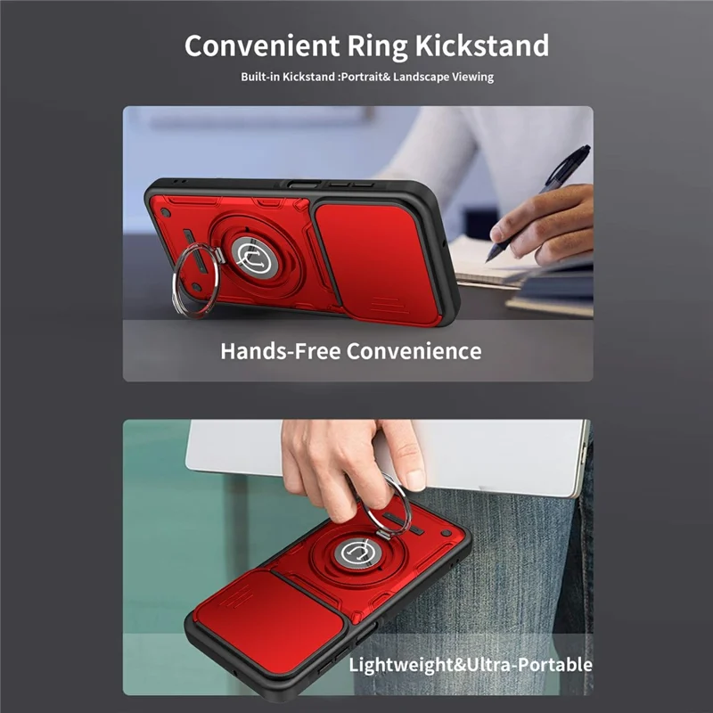 Capa de Telemóvel com Cobertura Deslizante da Câmara para Samsung Galaxy A17 4G / A17 5G / A26 5G, Suporte com Anel Giratório, Capa PC + TPU - Vermelho