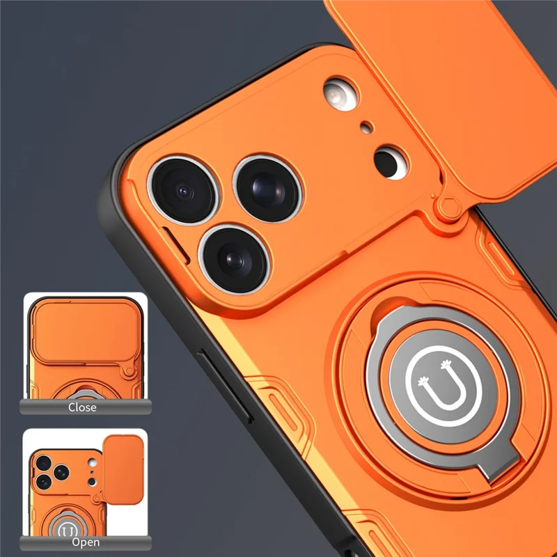 Hoesje voor iPhone 17 Pro Max met schuifbare cameraafdekking, ringstandaard, PC + TPU telefoonhoesje - Oranje