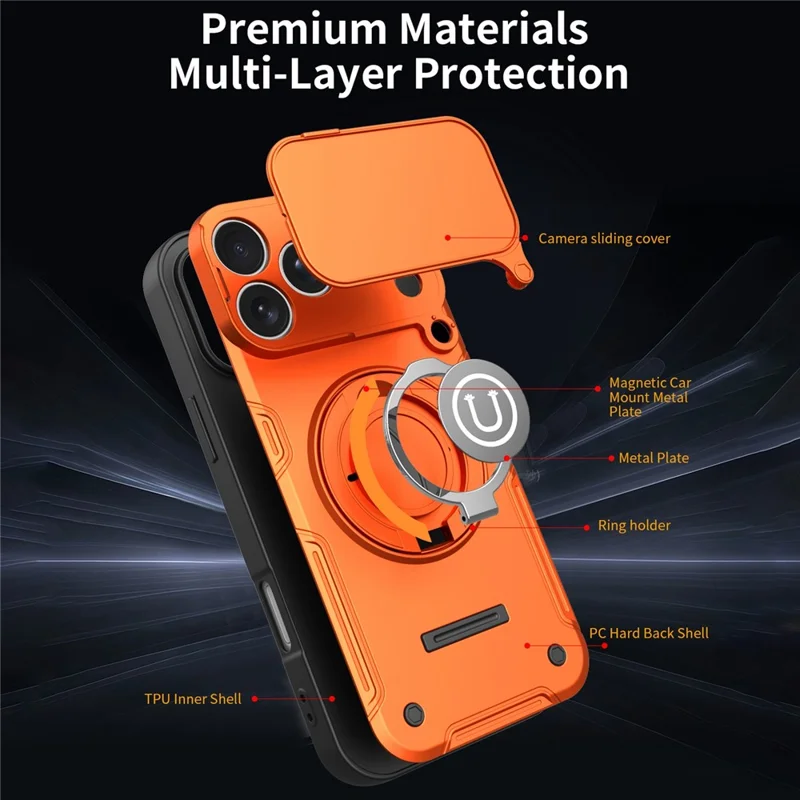 Hoesje voor iPhone 17 Pro Max met schuifbare cameraafdekking, ringstandaard, PC + TPU telefoonhoesje - Oranje