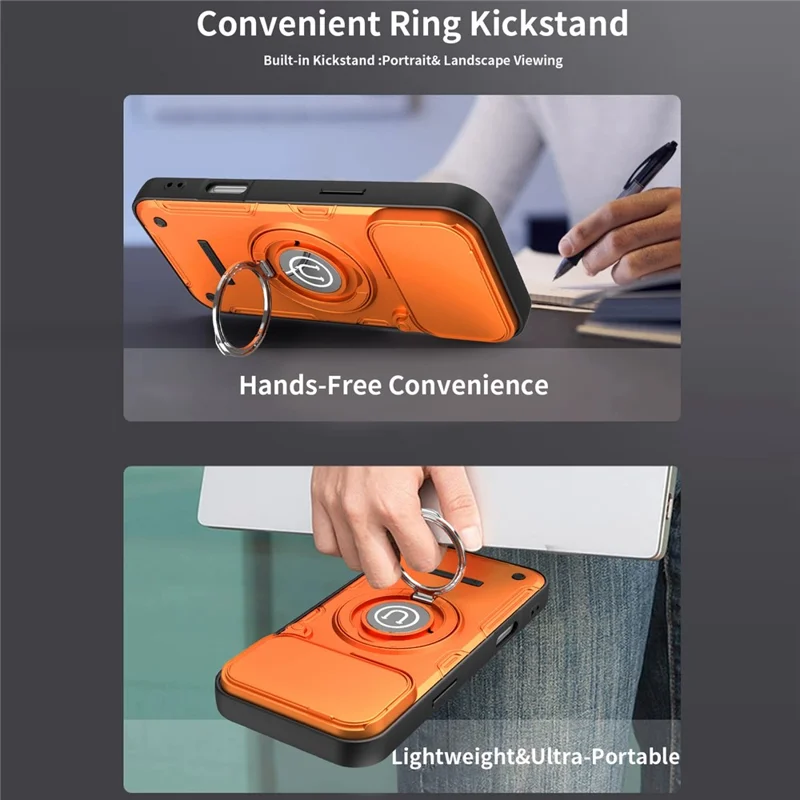 Hoesje voor iPhone 17 Pro Max met schuifbare cameraafdekking, ringstandaard, PC + TPU telefoonhoesje - Oranje