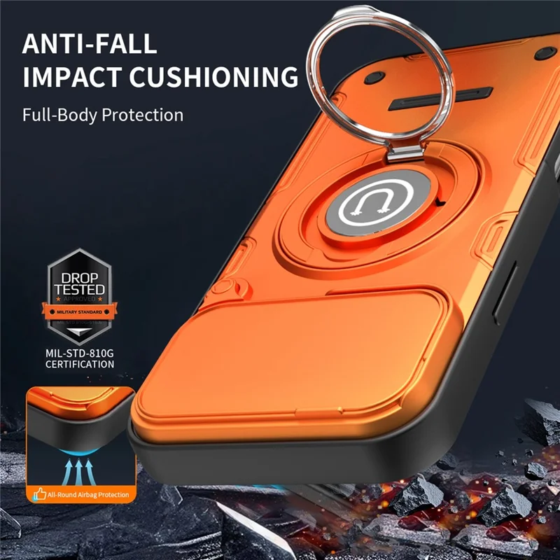 For iPhone 17 Pro Case with Slide Camera Cover Ring Kickstand PC + TPU Phone Shell - Orange