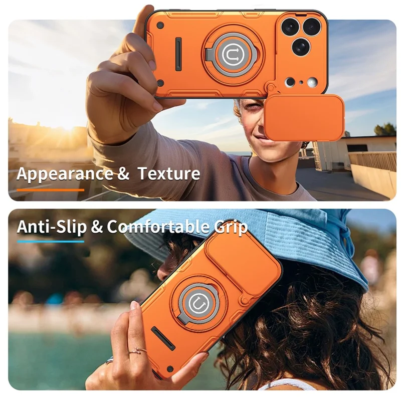 For iPhone 17 Pro Case with Slide Camera Cover Ring Kickstand PC + TPU Phone Shell - Orange