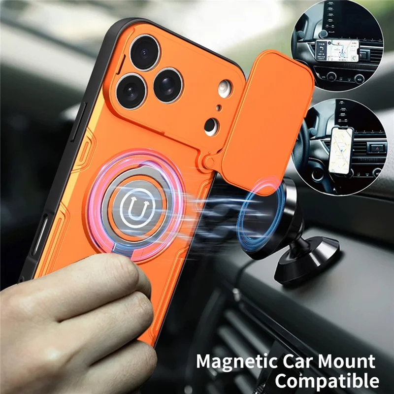 For iPhone 17 Pro Case with Slide Camera Cover Ring Kickstand PC + TPU Phone Shell - Orange