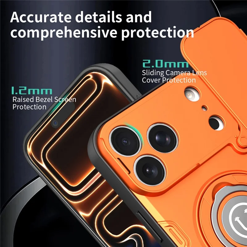 For iPhone 17 Pro Case with Slide Camera Cover Ring Kickstand PC + TPU Phone Shell - Orange