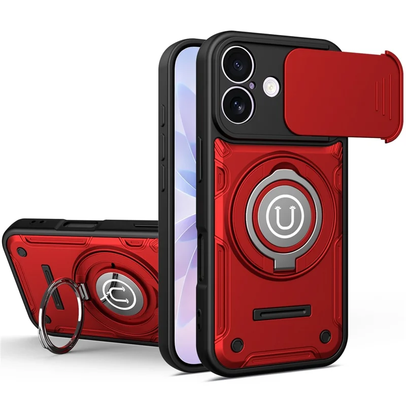 For iPhone 17 Case with Slide Camera Cover Ring Kickstand PC + TPU Phone Shell - Red