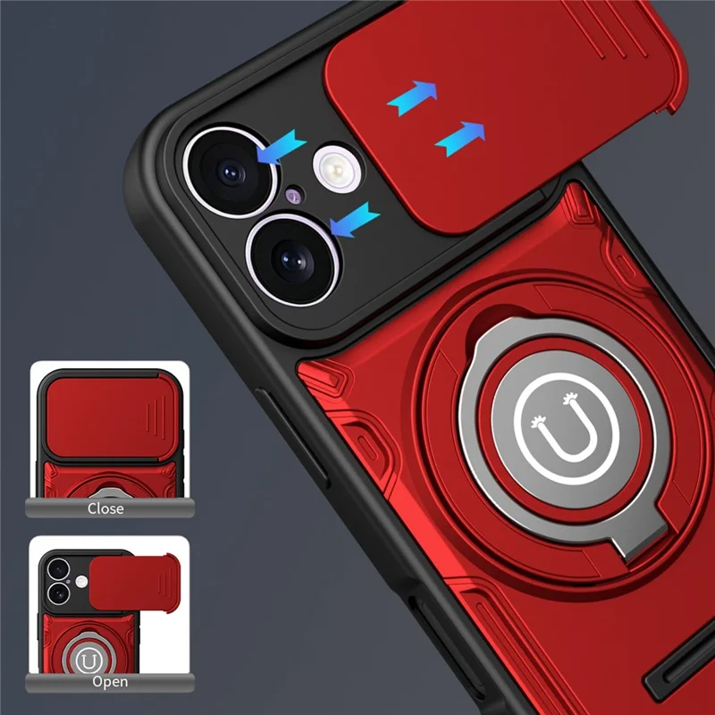 For iPhone 17 Case with Slide Camera Cover Ring Kickstand PC + TPU Phone Shell - Red