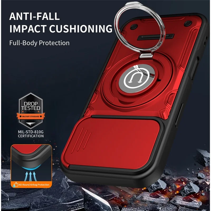 For iPhone 17 Case with Slide Camera Cover Ring Kickstand PC + TPU Phone Shell - Red
