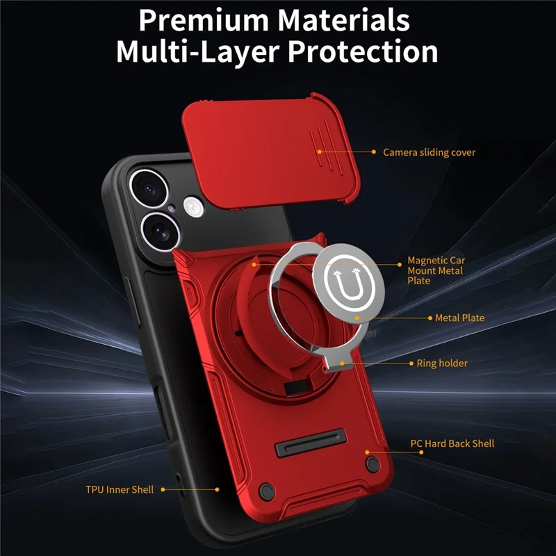 For iPhone 17 Case with Slide Camera Cover Ring Kickstand PC + TPU Phone Shell - Red