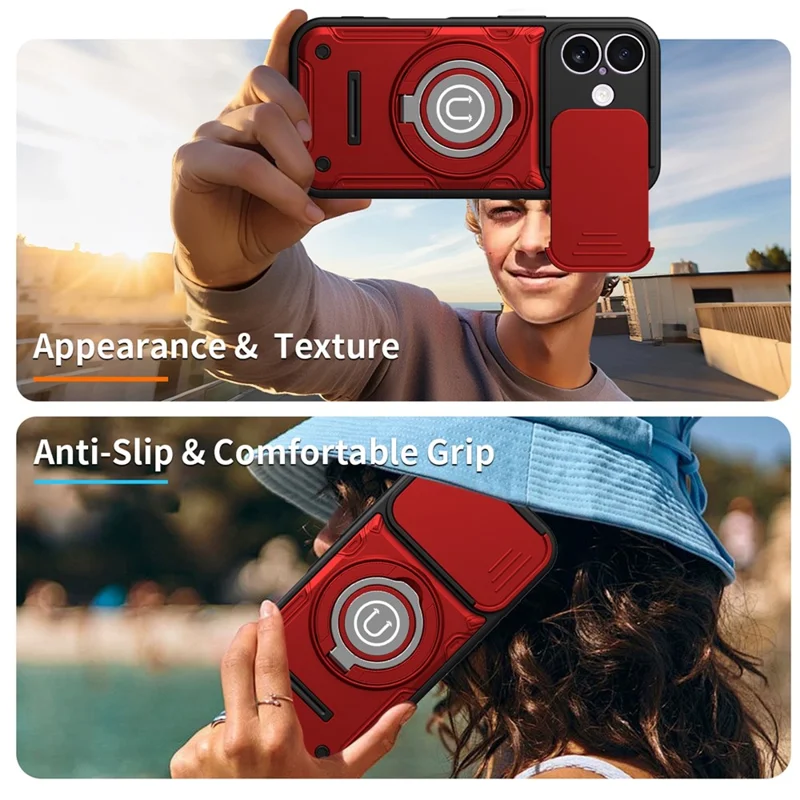 For iPhone 17 Case with Slide Camera Cover Ring Kickstand PC + TPU Phone Shell - Red