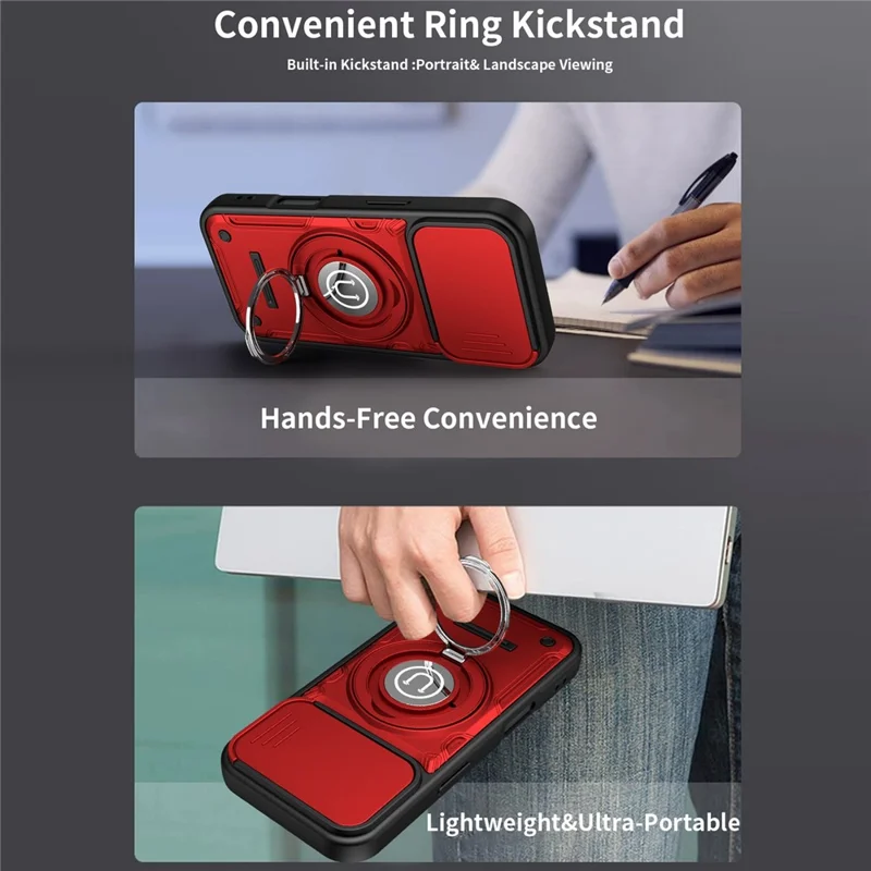 For iPhone 17 Case with Slide Camera Cover Ring Kickstand PC + TPU Phone Shell - Red