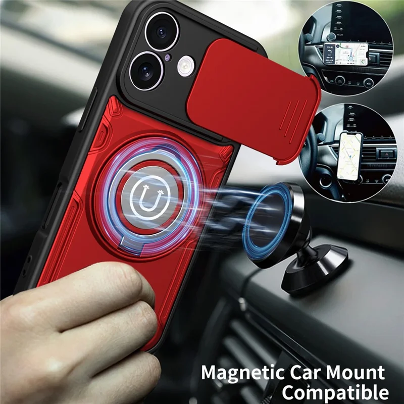 For iPhone 17 Case with Slide Camera Cover Ring Kickstand PC + TPU Phone Shell - Red