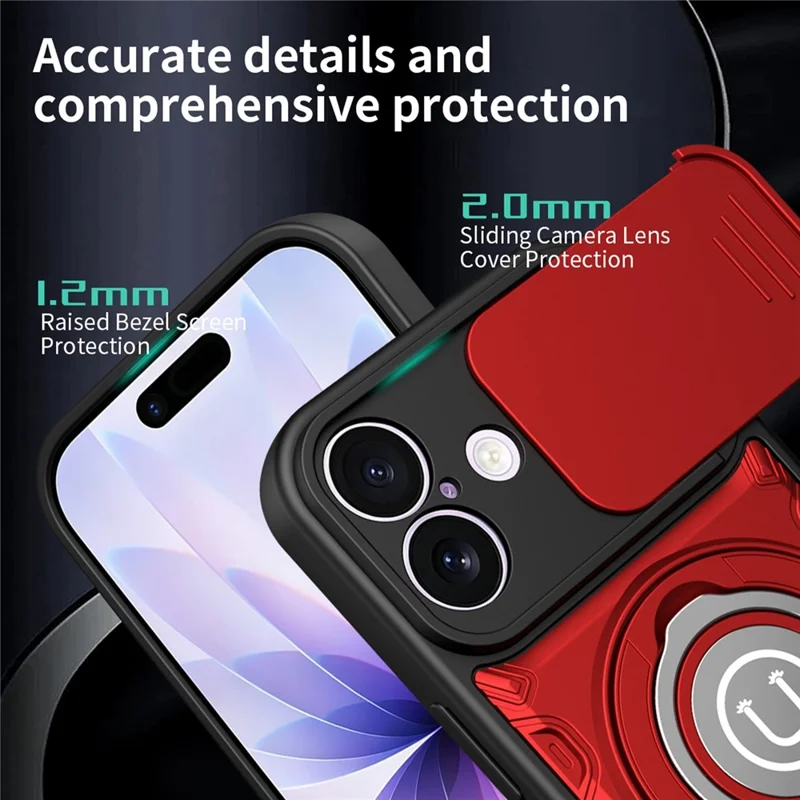 For iPhone 17 Case with Slide Camera Cover Ring Kickstand PC + TPU Phone Shell - Red