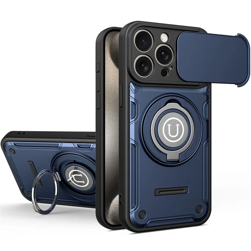 Für iPhone 15 Pro Hülle mit schiebbarer Kameraabdeckung, Ring-Ständer PC + TPU Handyhülle - Dunkelblau